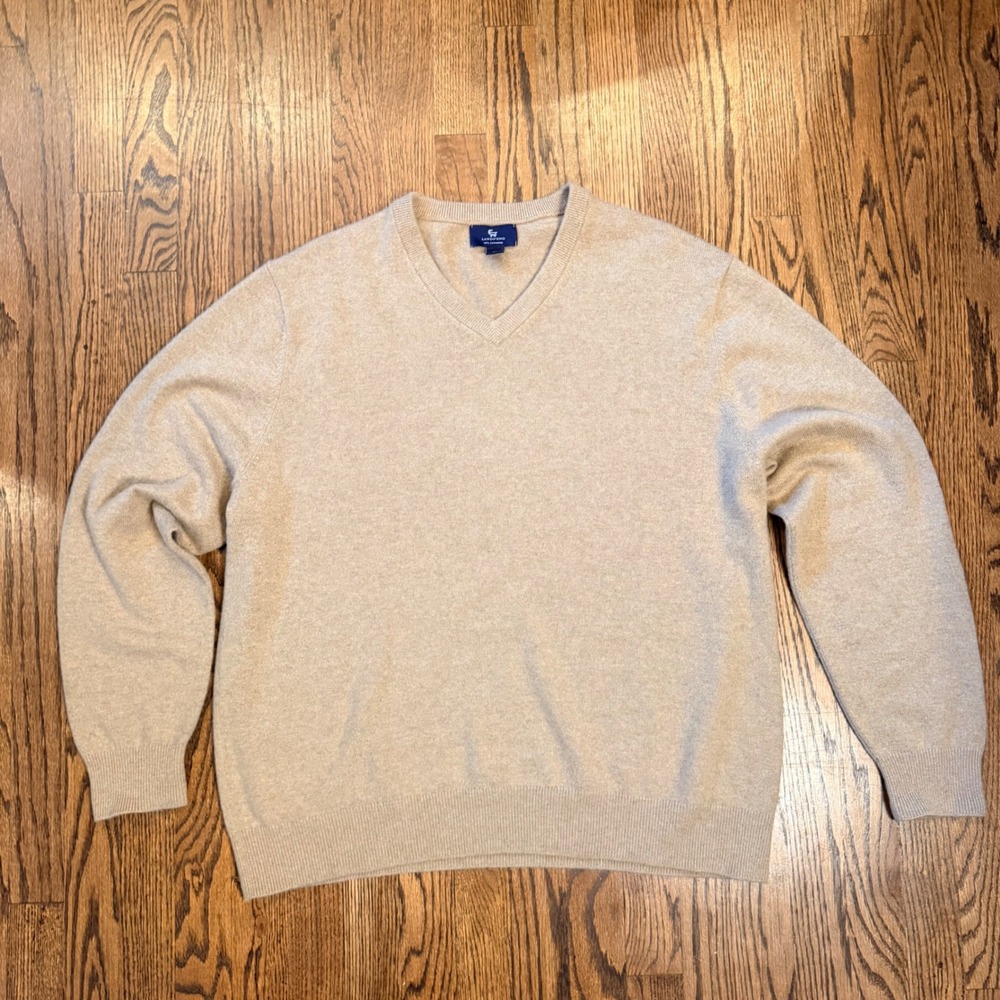 Lands' End 100% Cashmere V-Neck Sweater Soft Knit‎ XL Tan Beige Soft Warm